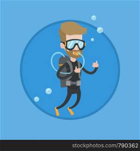 Man diving with scuba and showing ok sign. Caucasian man in diving suit snorkeling and giving thumb up. Man enjoying the dive. Vector flat design illustration in the circle isolated on background.. Man diving with scuba and showing ok sign.