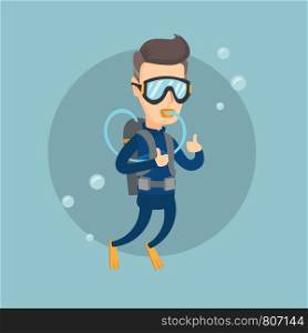 Man diving with scuba and showing ok sign. Adult caucasian man in diving suit snorkeling and giving thumb up. Man enjoying the dive. Vector flat design illustration. Square layout.. Man diving with scuba and showing ok sign.