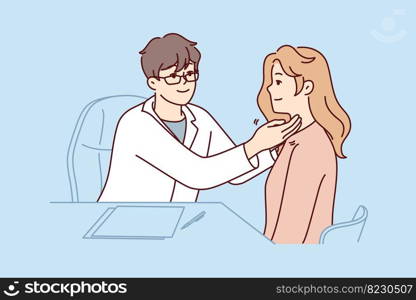 Man doctor examines woman applied to clinic with sore throat or bronchitis. Therapist in white coat sits at table holding out hands to girl patient in need treatment or medication. Flat vector design . Man doctor in white coat sits at table holding out hands to throat woman patient. Vector image