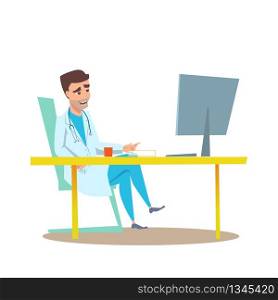 Man Doctor of Medicine with Stethoscope in Hospital Office Interior Waiting fo Patient on Consultation. Flat Cartoon Illustration of Cardiology Specialist in Online Checkup or Report.. Man Doctor in Office Interior Flat Illustration.