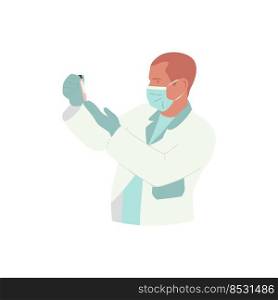 Man doctor wearing medical mask and gloves checking blood analysis. Medical specialist in a white coat with examing blood tube. Medical services, consult. Hand drawn flat vector illustration.