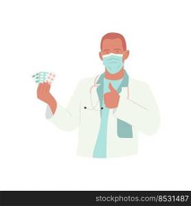 Man doctor wearing medical mask showing pills and thumb up. Medical specialist in a white coat with stethoscope holding tablets. Medical services, consult. Hand drawn flat vector illustration.