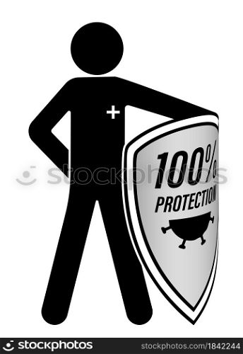 Man, doctor with a hygiene shield, immunity from influenza virus, 100% virus protection, bacterial prophylaxis. Isolated web icon on a white background