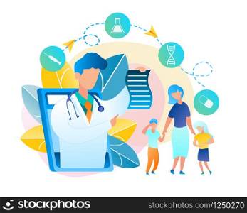 Man Doctor Wrote Prescription Treating Disease. Vector Illustration Mom Communicates Online with Pediatrician Using Tablet. Boy Holds on to Heads, Girl has Stomach Ache. Treat Baby. Screen Monitor