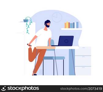 Man doing exercises. Home workout, online sport training. Guy in pajama at office table, remote work vector concept. Illustration fitness exercise, training workout online. Man doing exercises. Home workout, online sport training. Guy in pajama at office table, remote work vector concept