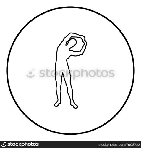 Man doing exercises tilts to the side Sport action male Workout silhouette yoga front view icon black color outline vector illustration flat style simple image in circle round