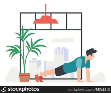 Man doing morning exercise in home interior isolated on white background. Man doing morning exercise in home interior