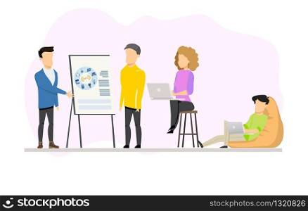 Man Doing Presentation for Group on Coworking. Male Character Pointing on Flip Board. Freelance Woman with Computer Sitting on Stool. Guy on Beanbag Chair. Flat Cartoon Vector Illustration. Man Doing Presentation for Group on Coworking