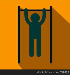 Man doing pull ups on the horizontal bar icon in flat style on a yellow background. Man doing pull ups on the horizontal bar icon