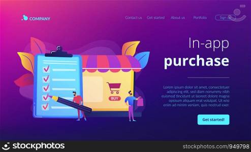 Man doing purchases from shopping list. Customer with package, buying goods. Purchase agreement, in-app purchase, buying process concept. Website homepage landing web page template.. Purchase agreement concept landing page