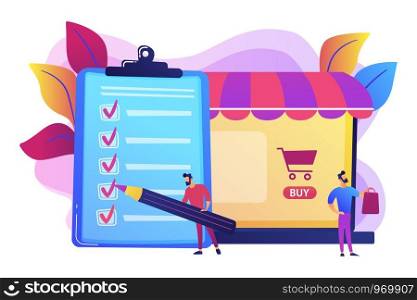 Man doing purchases from shopping list. Customer with package, buying goods. Purchase agreement, in-app purchase, buying process concept. Bright vibrant violet vector isolated illustration. Purchase agreement concept vector illustration