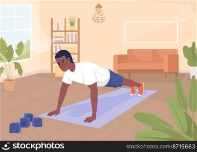 Man doing push ups flat color vector illustration. Regular exercising at home. Active lifestyle and healthcare. Fully editable 2D simple cartoon character with living room on background. Man doing push ups flat color vector illustration