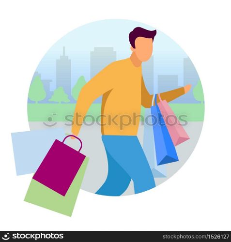Man doing shopping flat concept vector icon. Guy hurry up with purchases bags sticker, clipart. Shopaholic, customer, buyer cartoon character. Isolated illustration on white background