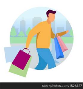 Man doing shopping flat concept vector icon. Guy hurry up with purchases bags sticker, clipart. Shopaholic, customer, buyer cartoon character. Isolated illustration on white background