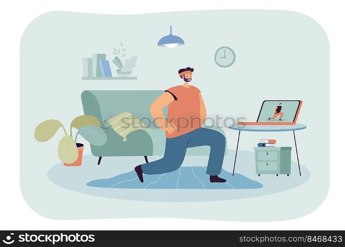 Man doing sport exercise on laptop online at home during lockdown because of coronavirus. Fit guy watching video or webinar doing virtual workout flat vector illustration. Training, self care concept