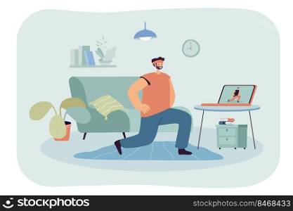 Man doing sport exercise on laptop online at home during lockdown because of coronavirus. Fit guy watching video or webinar doing virtual workout flat vector illustration. Training, self care concept