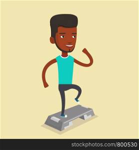 Man doing step exercises. African-american man training with stepper in the gym. Man working out with stepper in the gym. Sportsman standing on stepper. Vector flat design illustration. Square layout.. Man exercising on steeper vector illustration.