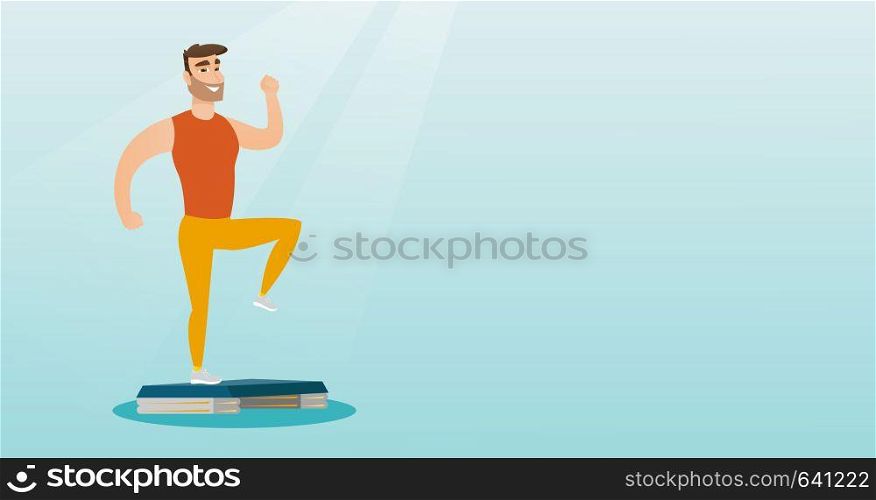 Man doing step exercises. Caucasian man training with stepper in the gym. Man working out with stepper in the gym. Sportsman standing on stepper. Vector flat design illustration. Horizontal layout.. Man exercising on steeper vector illustration.
