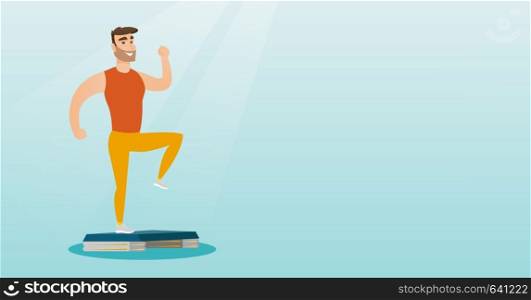 Man doing step exercises. Caucasian man training with stepper in the gym. Man working out with stepper in the gym. Sportsman standing on stepper. Vector flat design illustration. Horizontal layout.. Man exercising on steeper vector illustration.