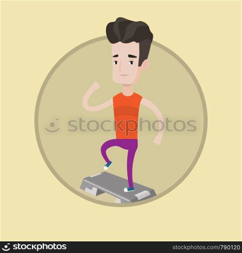 Man doing step exercises. Man training with stepper in the gym. Man working out with stepper. Sportsman standing on stepper. Vector flat design illustration in the circle isolated on background.. Man exercising on steeper vector illustration.