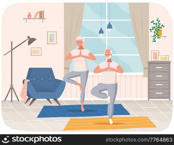 Man doing yoga at home. Elderly happy man standing in tree pose. Male character taking care of his health, leads healthy lifestyle and wellness concept, doing relaxation exercises, gets energy. Man doing yoga at home. Elderly happy man standing in tree pose. Person takes care of his health
