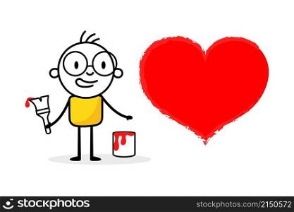 Man draw red heart isolated on white background. Hand drawn doodle line art man. Concept of love. Vector stock illustration.