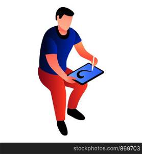 Man drawing at tablet icon. Isometric of man drawing at tablet vector icon for web design isolated on white background. Man drawing at tablet icon, isometric style