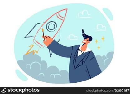 Man draws rocket flying up, symbolizing rapid career growth and launch of successful startup business. Smiling guy in formal suit dreams of new career achievements and high income.. Man draws rocket flying up, symbolizing rapid career growth and launch successful startup business