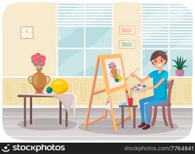 Man draws with brush and palette in his hands. Person do art and create picture. Artist draws vase of flowers, plum and melon. Guy smiles and sits near easel. Man has hobby and painting still life. Man draws with brush and palette in his hands. Artist draws vase of flowers, plum and melon