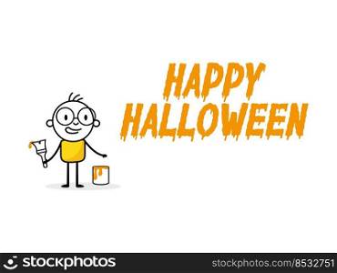 Man draws yellow words Happy Halloween. Cartoon Halloween character. Isolated vector stock illustration.