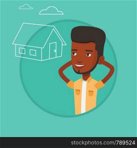 Man dreaming about future life in a new house. Man planning his future purchase of house. Man thinking about buying a house. Vector flat design illustration in the circle isolated on background.. Man dreaming about buying new house.