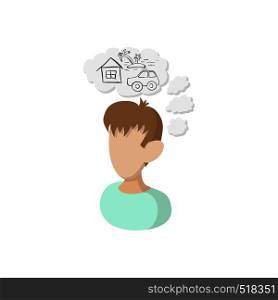 Man dreams about house icon in cartoon style on a white background. Man dreams about house icon, cartoon style