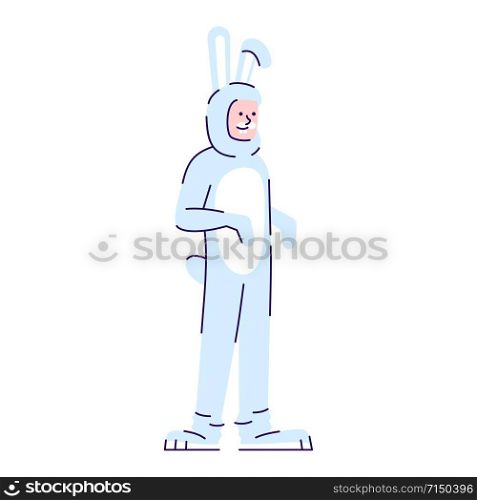 Man dressed in bunny costume flat vector illustration. Person dressing like animal. Guy in Halloween party rabbit outfit cartoon character with outline elements isolated on white background