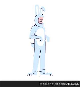 Man dressed in bunny costume flat vector illustration. Person dressing like animal. Guy in Halloween party rabbit outfit cartoon character with outline elements isolated on white background