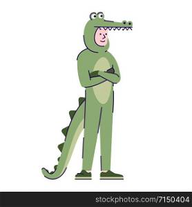 Man dressed in crocodile costume flat vector illustration. Person dressing like animal. Guy in Halloween party outfit cartoon character with outline elements isolated on white background