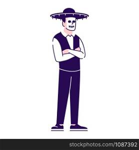 Man dressed in Mexican day of dead costume flat vector illustrations set. Cartoon character with outline elements isolated on white background. Sugar scull face. Dia de los Muertos celebration