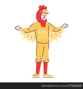 Man dressed in rooster costume flat vector illustration. Cartoon character with outline elements isolated on white background. Chicken carnival outfit. Person dressing like animal for Halloween
