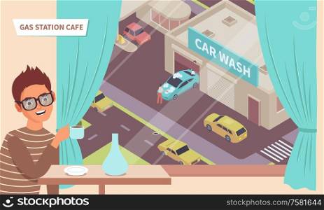 Man drinking coffee at gas station cafe with window looking out over car wash building 3d isometric vector illustration