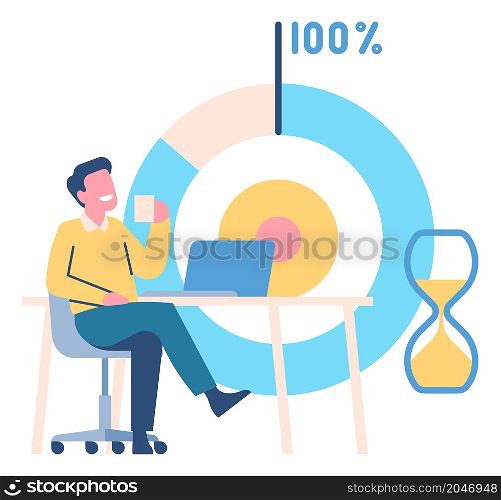 Man drinking coffee instead of work. Person ignoring uncompleted task. Procrastination concept isolated on white background. Man drinking coffee instead of work. Person ignoring uncompleted task. Procrastination concept
