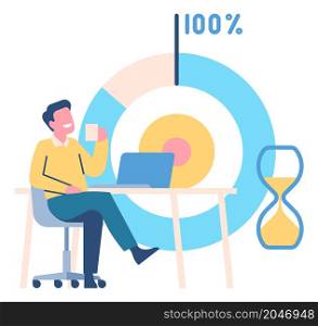 Man drinking coffee instead of work. Person ignoring uncompleted task. Procrastination concept isolated on white background. Man drinking coffee instead of work. Person ignoring uncompleted task. Procrastination concept