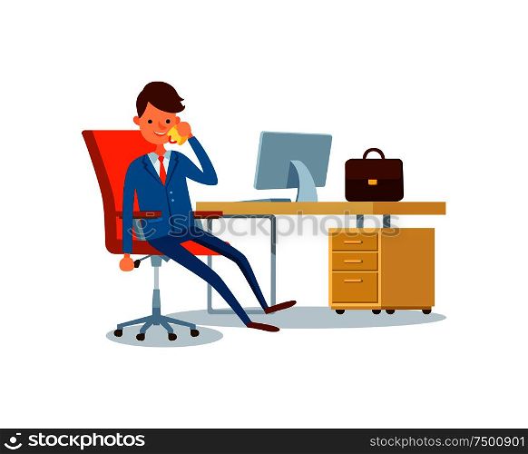 Man drinking coffee or tea in office at break vector. Businessman rest sitting by table, workplace with computer monitor and briefcase with documents. Man Drinking Coffee or Tea in Office at Break