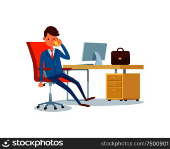 Man drinking coffee or tea in office at break vector. Businessman rest sitting by table, workplace with computer monitor and briefcase with documents. Man Drinking Coffee or Tea in Office at Break