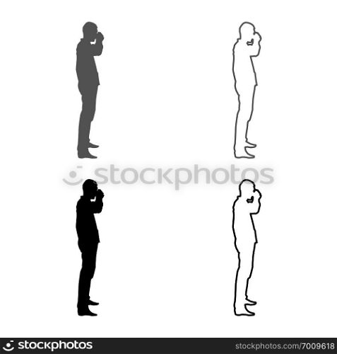 Man drinking from mug standing icon set grey black color vector illustration outline flat style simple image