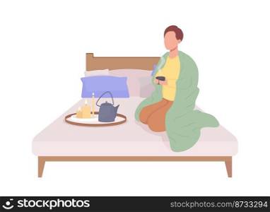 Man drinking tea on bed semi flat color vector character. Editable figure. Full body person on white. Relax at home simple cartoon style illustration for web graphic design and animation. Man drinking tea on bed semi flat color vector character