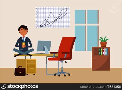 Man drinking tea on break in office, businessman having rest vector. Director with cup of warm beverage. Director manager in room, happy employee. Man Drinking Tea on Break in Office, Businessman