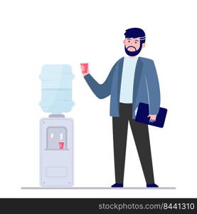 Man drinking water at cooler. Office employee, worker, work break flat vector illustration. Beverage, refreshment, watercooler concept for banner, website design or landing web page