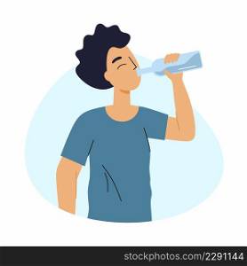 Man drinks wine from  glass bottle. Alcohol dependence. Vector character in  flat style.