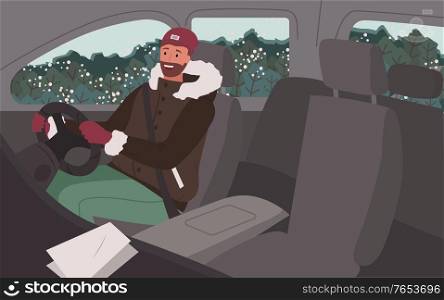 Man drive car alone. Interior of internal space, black salon of auto. Driver ride vehicle carefully. Vehicle for trip, get to destination. Forest view, landscape in window. Vector illustration in flat. Man Drive Vehicle Alone, Interior of Car, Trip