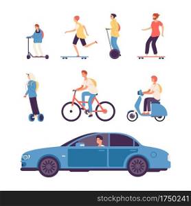 Man drive. Guys on scooter and bike, gyro scooter and skateboard. Male driving car vector illustration. Bike scooter, drive man by car. Man drive. Guys on scooter and bike, gyro scooter and skateboard. Male driving car vector illustration
