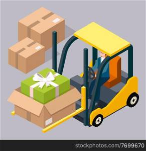 Man driving and controling the forklift illustration, carries a cardboard box with a gift inside. Forklift machine for loading, unloading packages. Yellow industrial truck, storage warehouse equipment. Man driving and controling the forklift illustration, carries a cardboard box with a gift inside